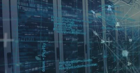 Image of data processing over media icons and server room Foto stock