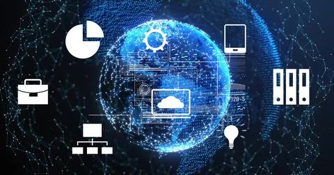 Image of data processing over media icons and globe 写真素材