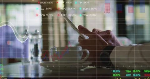 Image of data processing over men using tablet イラスト素材