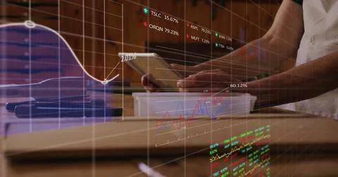 Image of data processing over men using tablet Stock Illustration