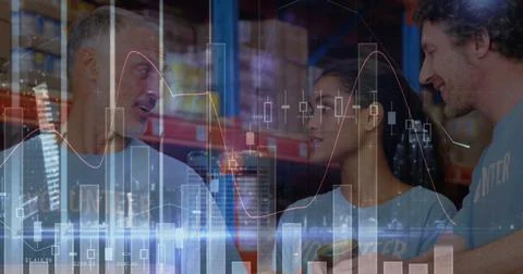 Image of data processing over men and woman working in warehouse Ilustração Stock