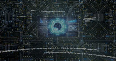 Image of data processing over microprocessor connections against black 스톡 사진