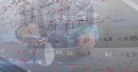 Image of data processing over mid section of a woman using credit card for 스톡 사진