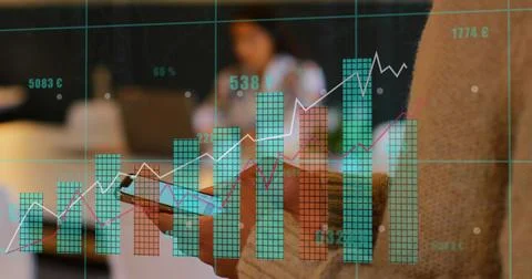 Image of data processing over mid section of african american man using Stock Photos