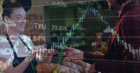 Image of data processing over mid section of caucasian man paying with credit Stock Photos
