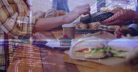 Image of data processing over mid section of woman using credit card to make 스톡 사진