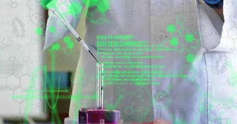 Image of data processing over mid section of a scientist performing experiment Foto stock