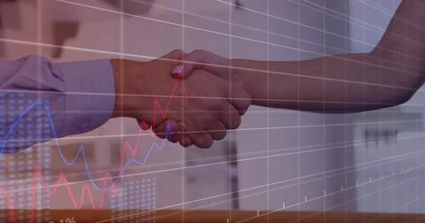 Image of data processing over mid section of businessman and businesswoman Stock Photos