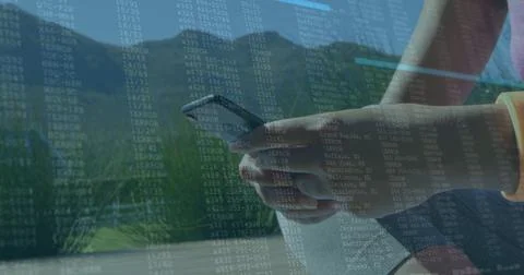 Image of data processing over midsection of woman using smartphone in background Stock Illustration