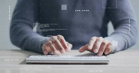 Image of data processing over midsection of biracial man using computer keyboard Foto stock