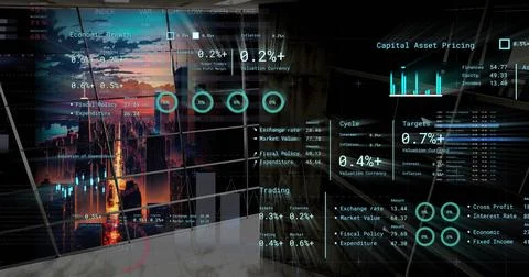 Image of data processing over modern apartment and cityscape 스톡 사진