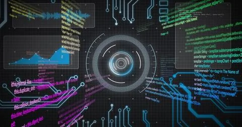Image of data processing over motherboard network and circular scanner Illustrazione stock