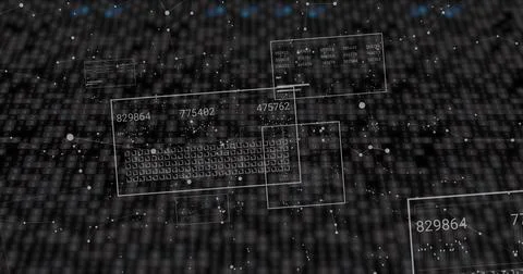 Image of data processing over moving columns on black background Illustrazione stock