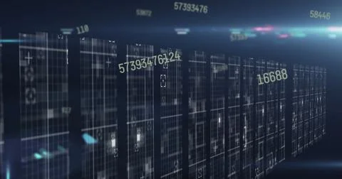 Image of data processing over moving columns on black background Illustrazione stock