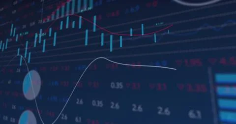 Image of data processing over moving columns on black background 스톡 사진