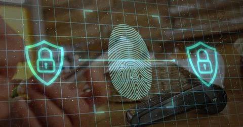 Image of data processing over moving colorful lines and grid Stock Photos
