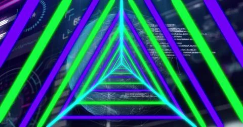 Image of data processing over neon shapes Stockillustratie