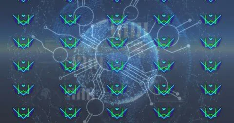 Image of data processing over neon shapes 스톡 일러스트