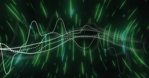 Image of data processing over neon green light trails spinning against black Stock Illustration