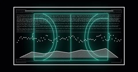 Image of data processing over neon stadium on black background Illustrazione stock
