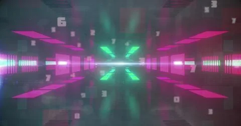 Image of data processing over neon shapes on black background 스톡 사진