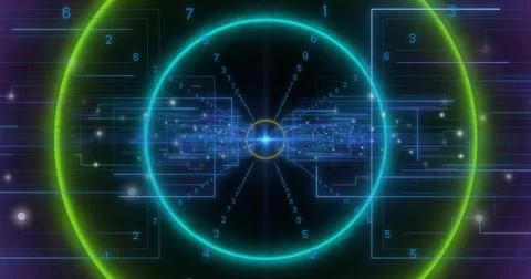 Image of data processing over neon circles moving 스톡 사진