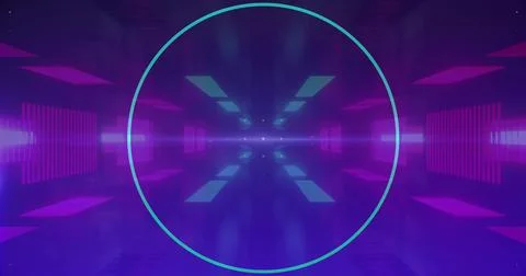 Image of data processing over neon pattern background Foto stock