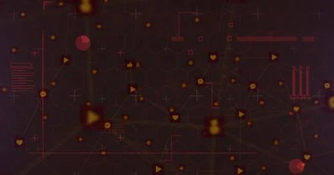 Image of data processing over network of connections with glowing orange icons Stock Illustration