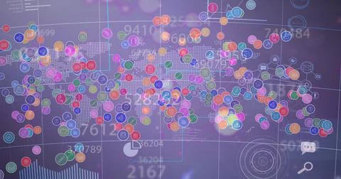 Image of data processing over network of connections with icons on purple Stockillustratie
