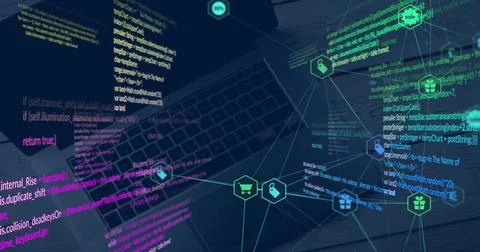 Image of data processing over network of retail business icons on black Stockillustratie