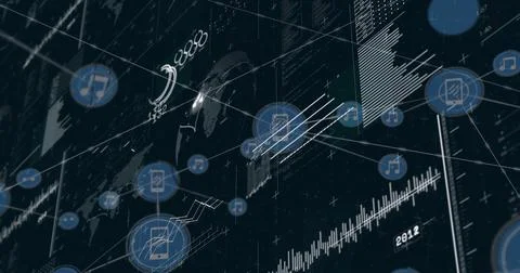 Image of data processing over network of connections with icons Stockillustratie