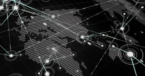 Image of data processing over network and pixel globe on black background 스톡 일러스트
