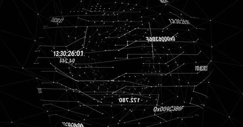 Image of data processing over network of connections on black background Stockillustratie