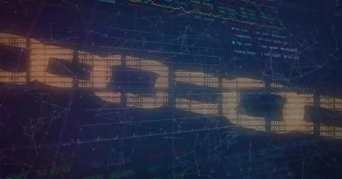 Image of data processing over network of connections on black background 스톡 일러스트