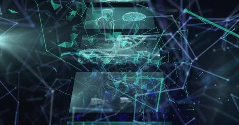 Image of data processing over network of connections on black background 스톡 일러스트