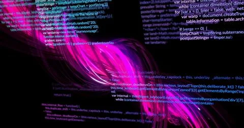 Image of data processing over network of glowing pink fibre optic strands Stockfoto's
