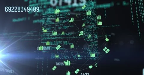 Image of data processing over network of connections with icons 스톡 사진