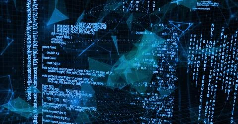 Image of data processing over network of connections on black background Stockfoto's