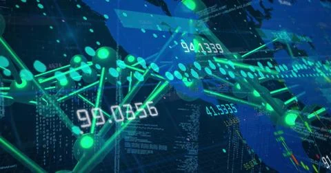 Image of data processing over network of connections on black background 스톡 사진