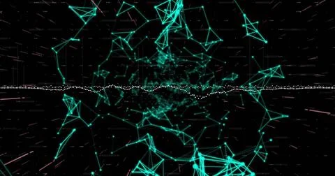 Image of data processing over network of connections on black background 스톡 사진