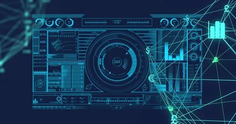 Image of data processing over network of connections with icons 库存照片