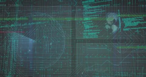 Image of data processing over network of connections on dark background Stock Photos