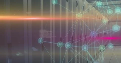 Image of data processing over network and glowing blue globe Foto stock