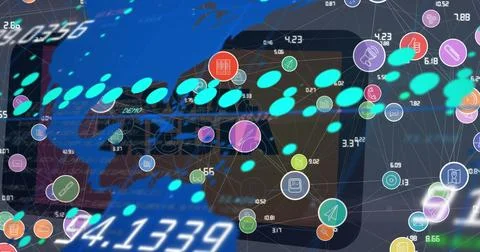 Image of data processing over network of connections and world map Stock Photos