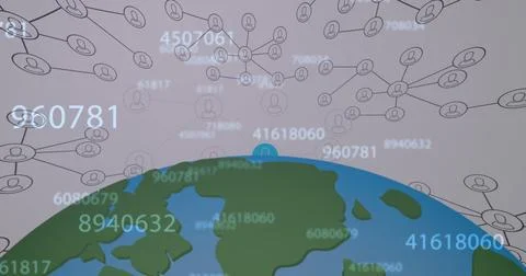 Image of data processing over network of connections with icons and globe 库存照片