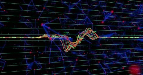 Image of data processing over networks of connections on black background Stock Photos