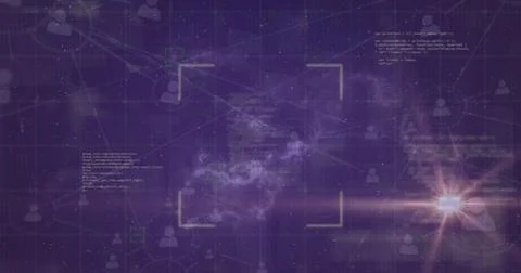 Image of data processing over netwrok of connections with icons on black 스톡 사진