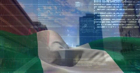 Image of data processing over nigeria flag against tall buildings Stock Photos