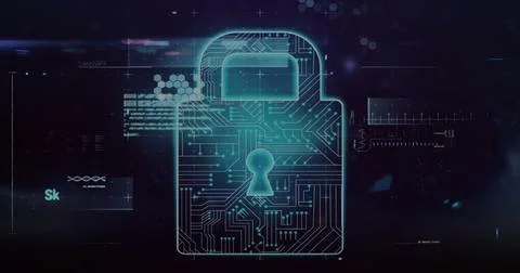 Image of data processing over online security padlock on black background 写真素材