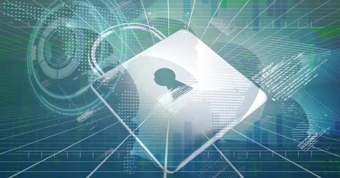 Image of data processing over padlock icon and scope scannig on blue background Stock Illustration